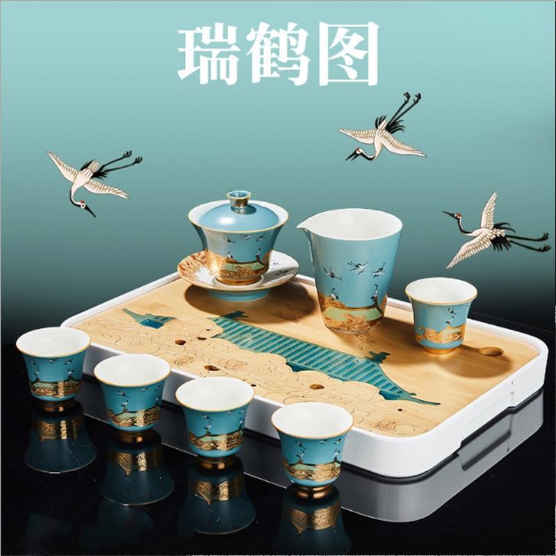 容山堂瑞鶴圖竹制茶盤彩繪雕刻小茶臺大干泡盤儲水式創(chuàng)意茶席茶具