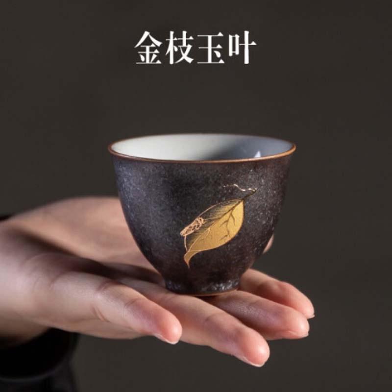 容山堂景致金枝玉葉銀斑釉蓋碗茶杯大號復古家用泡茶功夫茶具套裝 金枝玉葉銀斑描金茶杯-斗杯