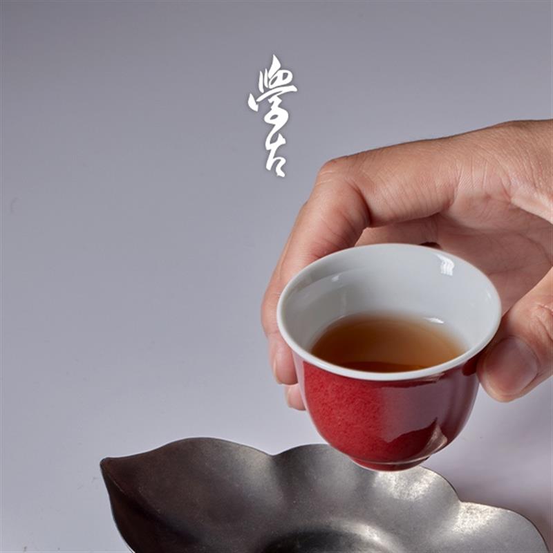學(xué)古|石榴紅泰斗小杯 手工薄胎明代景德鎮(zhèn)霽紅釉茶杯6只禮盒50ml