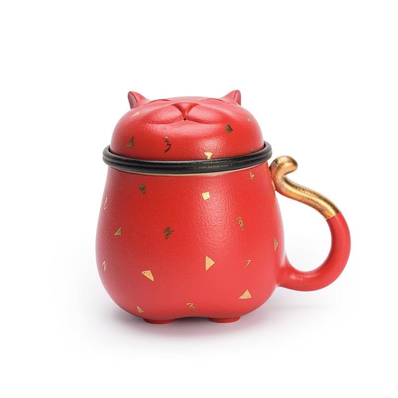 萬(wàn)仟堂（Edenus）茶具 茶杯 貓杯帶濾網(wǎng)馬克杯 茶水分離杯 茶杯水杯 招財(cái)貓茶杯 